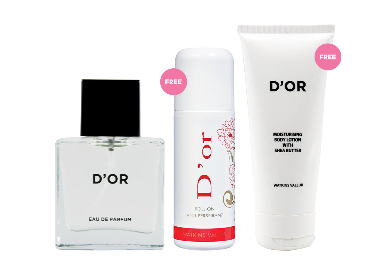D’OR EAU DE PARFUM 30ML FREE D’OR ANTI-PERSPIRANT ROLL-ON 50ML FREE D’OR MOISTURISING BODY LOTION WITH SHEA BUTTER 100ML