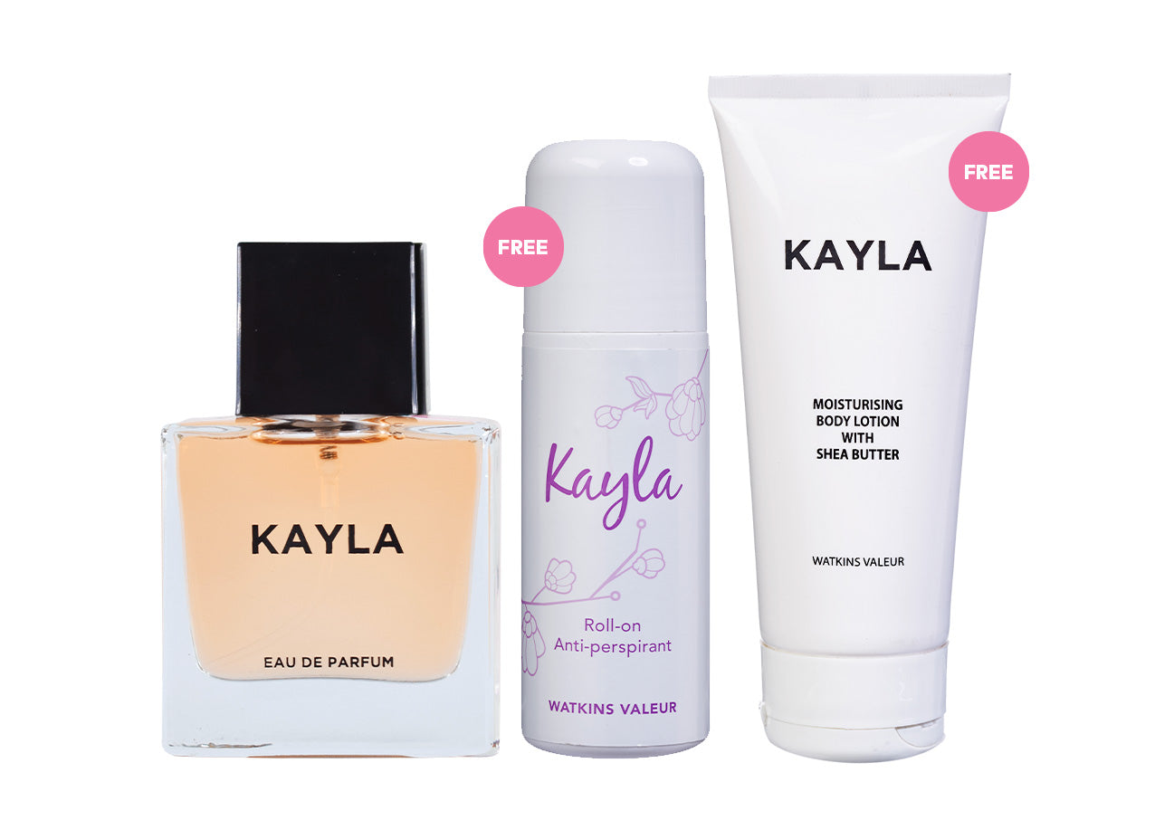 KAYLA EAU DE PARFUM 30ML FREE KAYLA ANTI-PERSPIRANT ROLL-ON 50ML FREE KAYLA MOISTURISING BODY LOTION WITH SHEA BUTTER 100ML