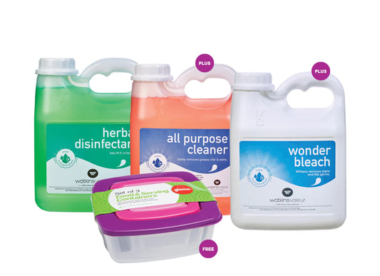HERBAL DISINFECTANT 1L PLUS ALL PURPOSE CLEANER 1L PLUS WONDER BLEACH 1L FREE 3 IN 1 PLASTIC CONTAINERS