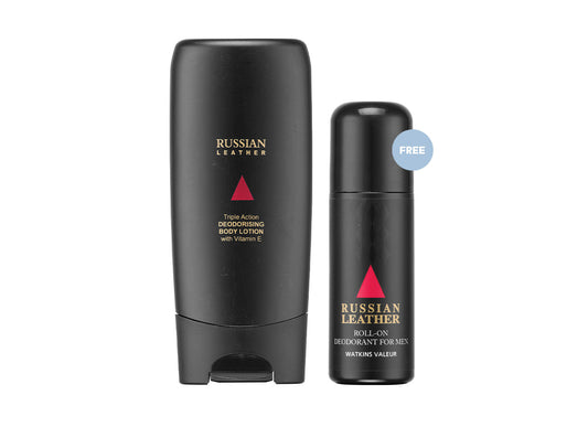 RUSSIAN LEATHER T/A DEODORISING BODY LOTION 250ML FREE RUSSIAN LEATHER ANTI-PERSPIRANT ROLL-ON 50ML
