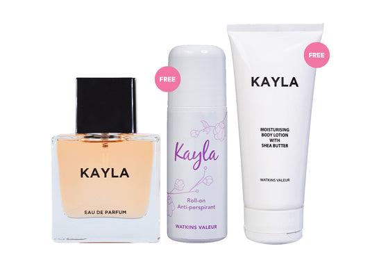 KAYLA EAU DE PARFUM 30ML FREE KAYLA ANTI-PERSPIRANT ROLL-ON 50ML FREE KAYLA MOISTURISING BODY LOTION WITH SHEA BUTTER 100ML