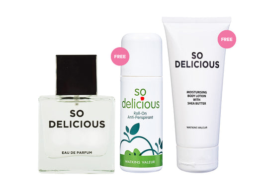 SO DELICIOUS EAU DE PARFUM 30ML FREE SO DELICIOUS ANTI-PERSPIRANT ROLL-ON 50ML FREE SO DELICIOUS MOISTURISING BODY LOTION WITH SHEA BUTTER 100ML